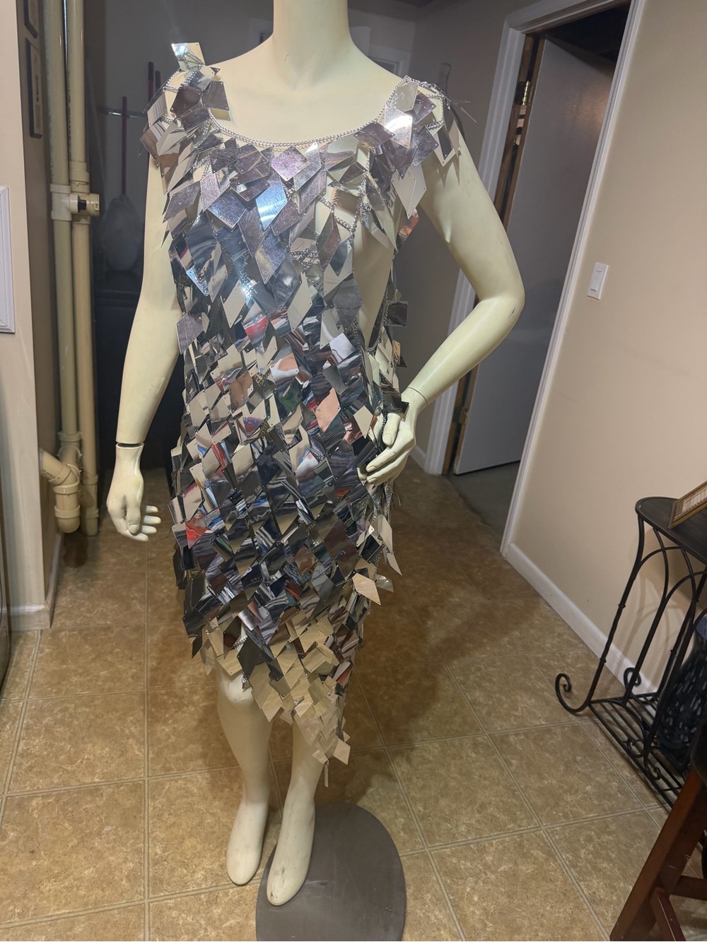 AKIRA Silver Sequin Mirror Tile High-Low Dress